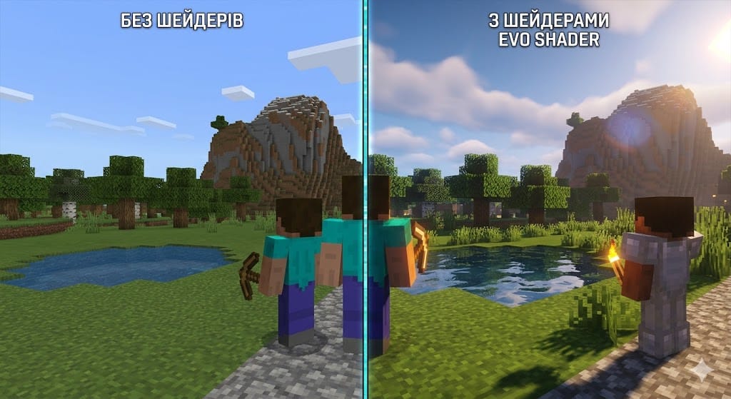 Порівняння графіки в Minecraft Bedrock на Android: зліва без шейдерів, справа з EVO SHADER 1.22 на світанку
